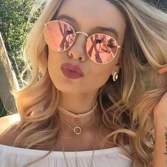 Accessories - Round Rose Gold Pink Sunglasses Wire Frame Mirror